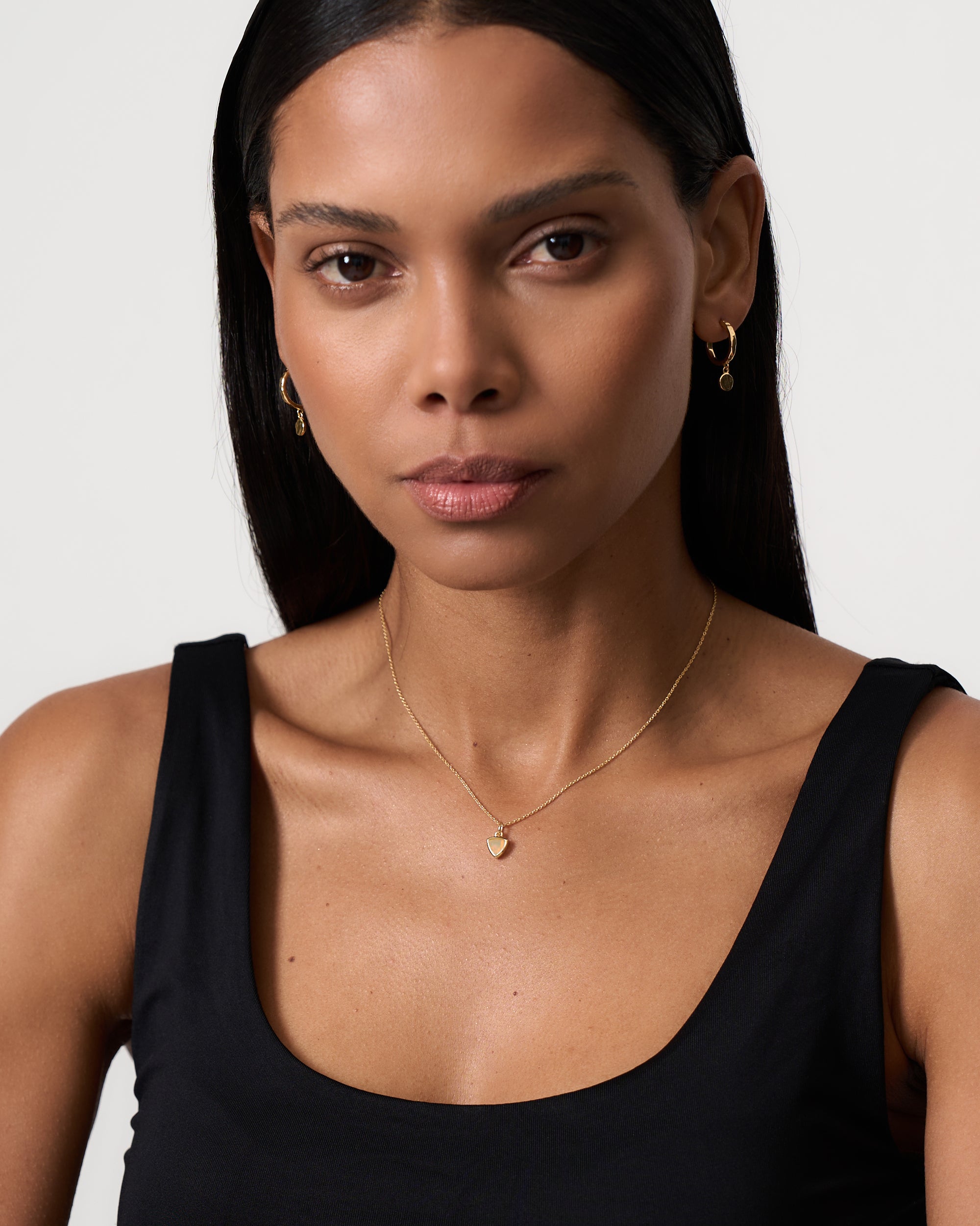 Model wearing Azora gold vermeil moonstone June birthstone necklace