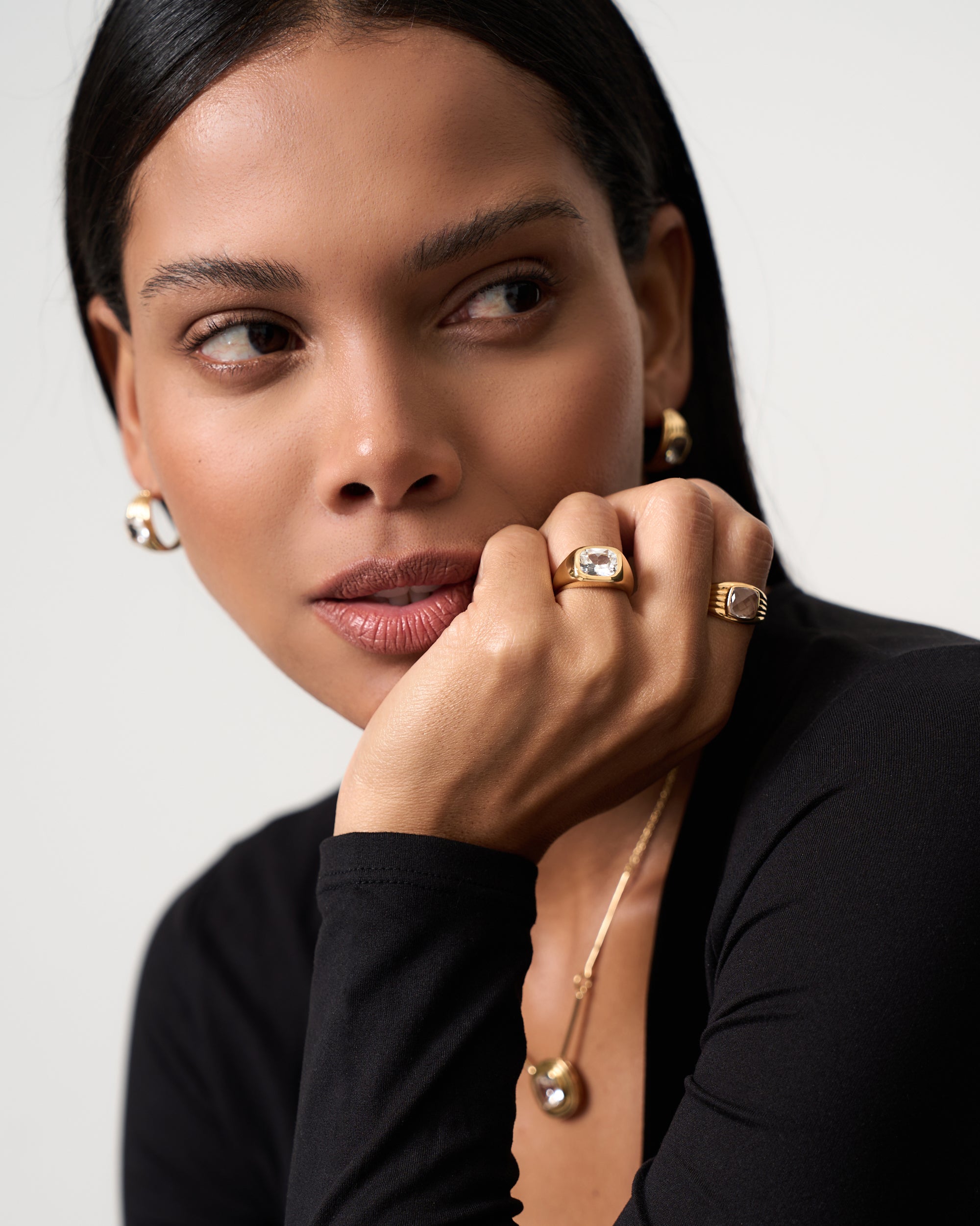 Model wearing gold vermeil chunky statement ring by Azora Jewellery