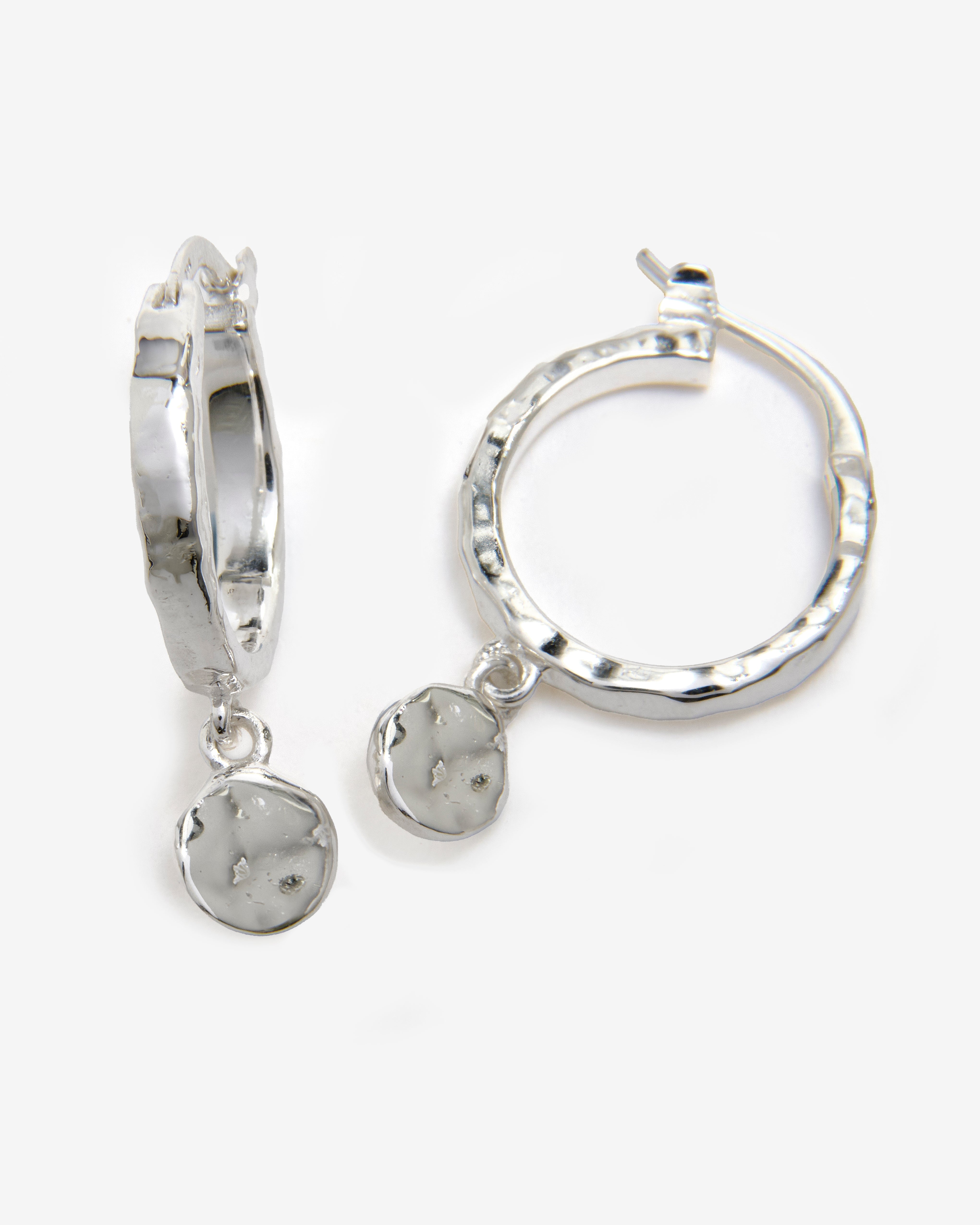 SILVER HAMMERED DISC HOOP EARRINGS